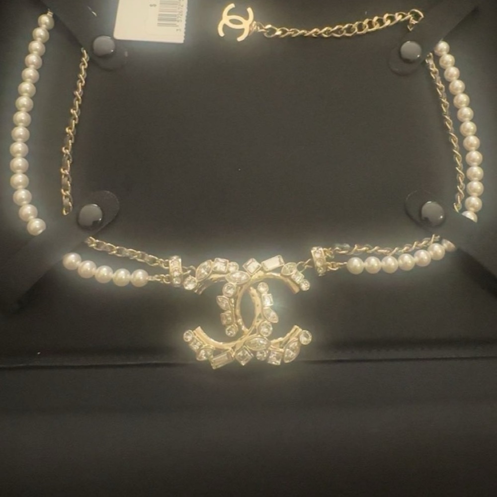 Authentic CHANEL Gold and Pearl Logo Necklace
